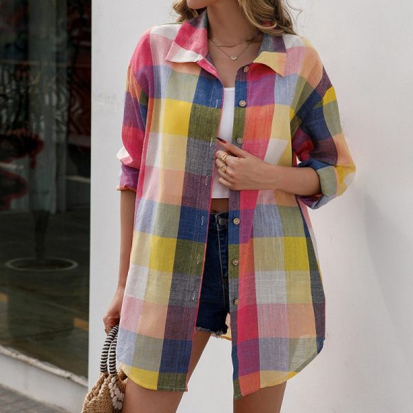 Loose Casual Color Plaid Mid-Length Shirt Single-Breasted Long Sleeve Plaid Top for Women