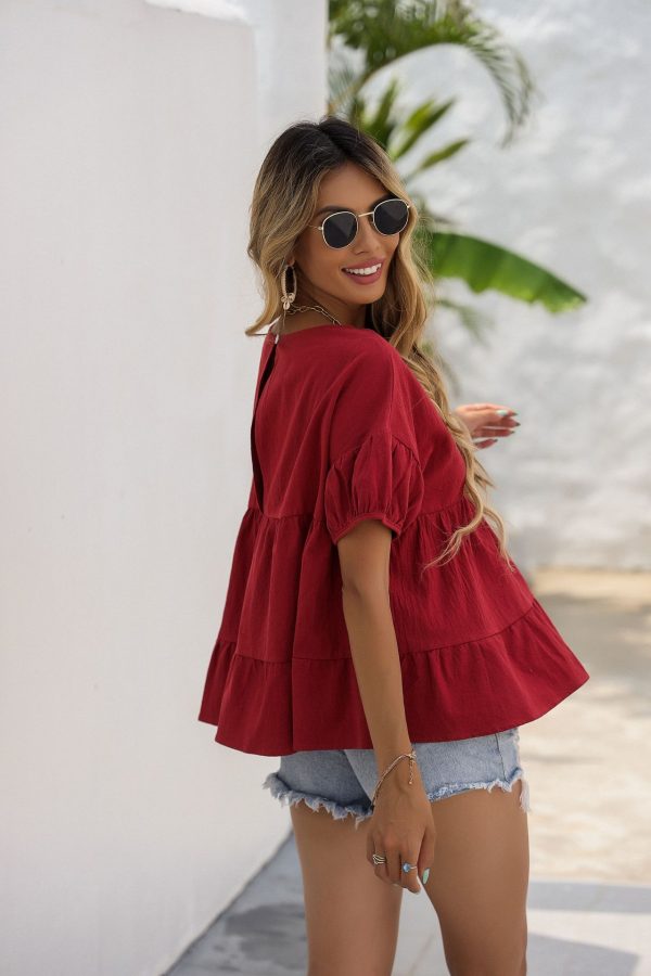 Women Shirt Summer Short Sleeve Solid Color Top