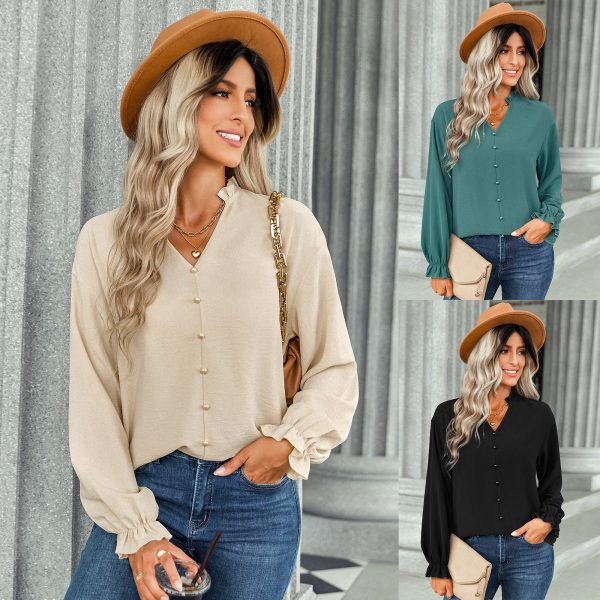 Autumn Winter V-neck Top Women Fastener Decoration Solid Color Shirt