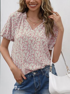 Loose Casual Floral V neck Short Sleeve Shirt Wooden Ear Printed Shirt Top for Women