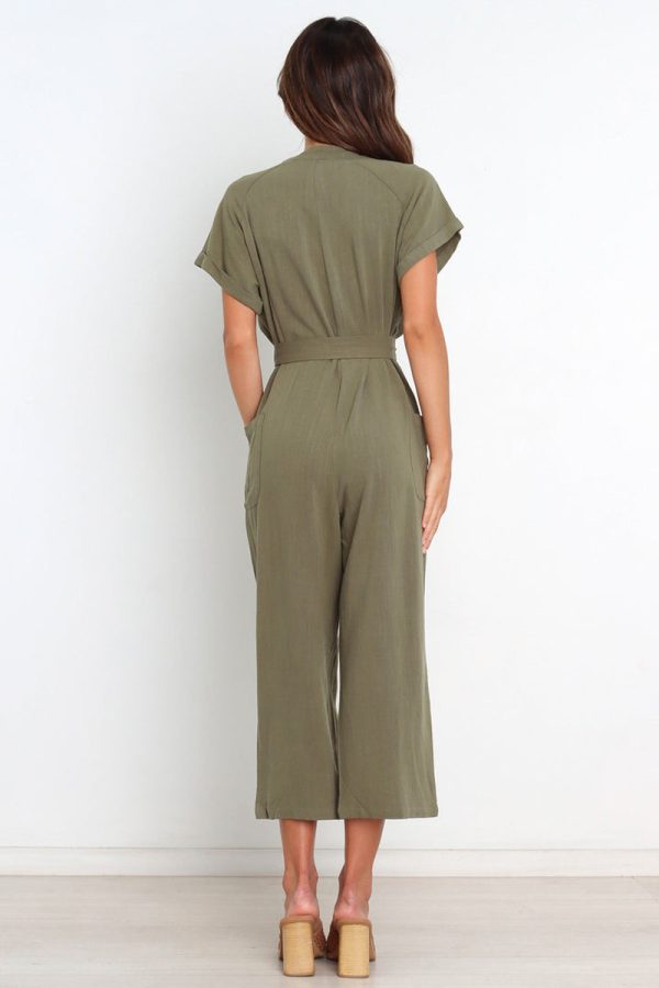 Summer Solid Color Pocket Sexy V Neck Cropped Wide Legged Jumpsuit Women