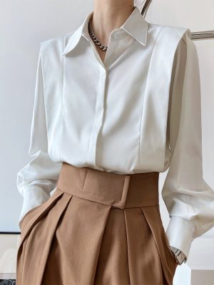 Ruffled Satin Shirt Women Spring Fall Court Long Sleeve French Young Niche Shirt