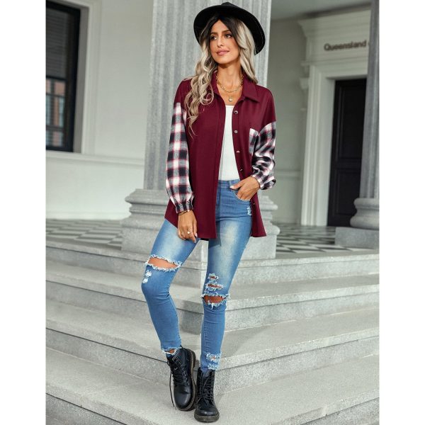 Women Clothing Autumn Winter Plaid Patchwork Top Women Polo Collar Loose Shirt