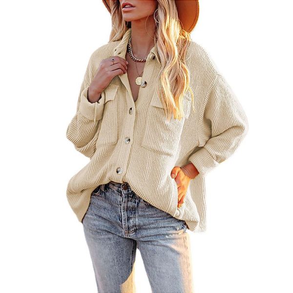 Women Autumn Winter Shirt Solid Color Loose Corduroy Pocket Long Sleeve Cardigan