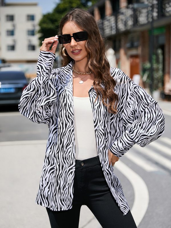 Women Clothing Autumn Winter Zebra Pattern Loose Mid Length Long Sleeve Shirt