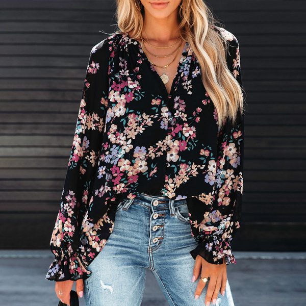 Black Wildflower Printed Chiffon Shirt Women Loose V neck Pullover Top