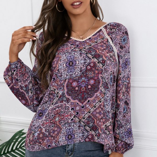 Loose Casual Lace Patchwork Shirt Bohemian V-neck Long-Sleeved Printed Shirt Top for Women