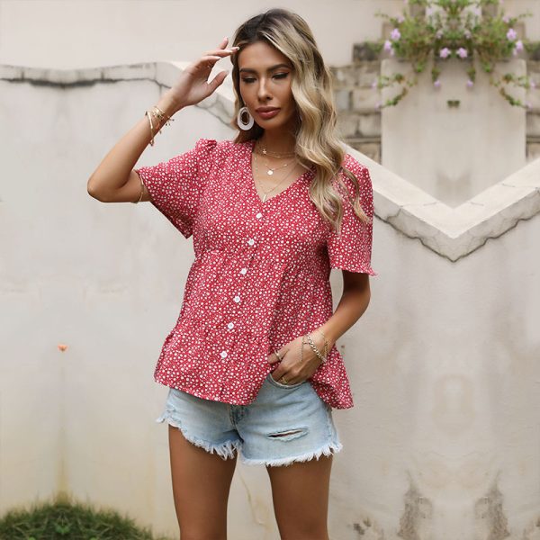 Summer Loose Short-Sleeved Chiffon Floral V-neck Flounce Shirt for Women