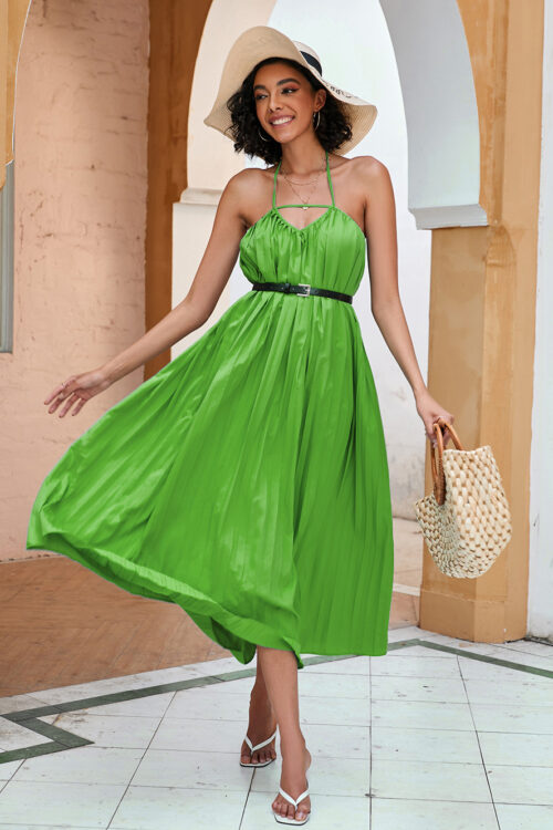 Women Clothing Solid Color Pleated Wa...