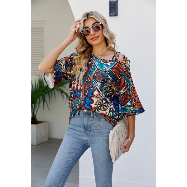 Summer Shoulder Bell Sleeve Printed Loose Pullover Tied Top Crisscross