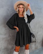 Square Collar Chiffon Polka Dots Short  Lantern Sleeve Dress