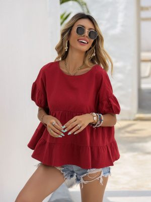 Women Shirt Summer Short Sleeve Solid Color Top