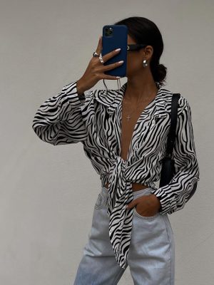 Women Clothing New French Design Niche Shirt Top Striped Black White Pattern Shirt For Women Spring Autumn