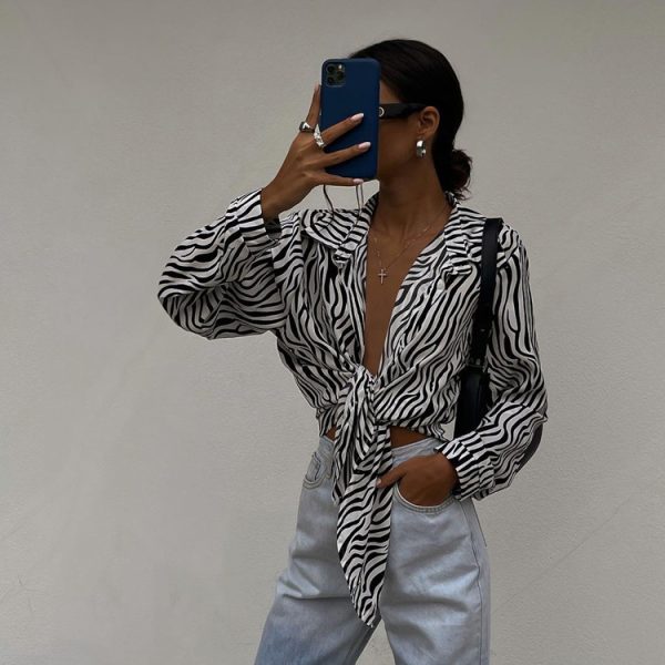 Women Clothing New French Design Niche Shirt Top Striped Black White Pattern Shirt For Women Spring Autumn