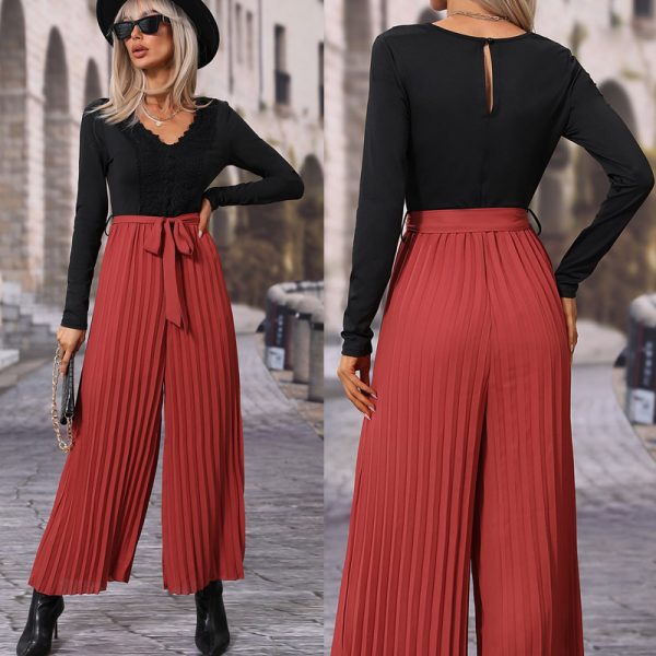 Goods Loose Long Sleeve Folding Casual Straight Leg Wide Leg V neck Jumpsuit for Women