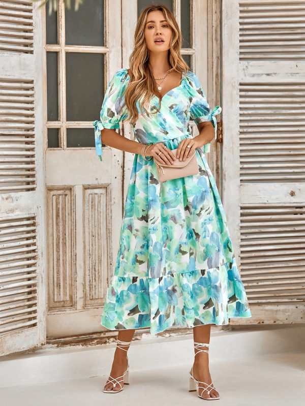 Summer Women Clothes Casual Printed Waist Controlled Puff Sleeve V neck Maxi Dress