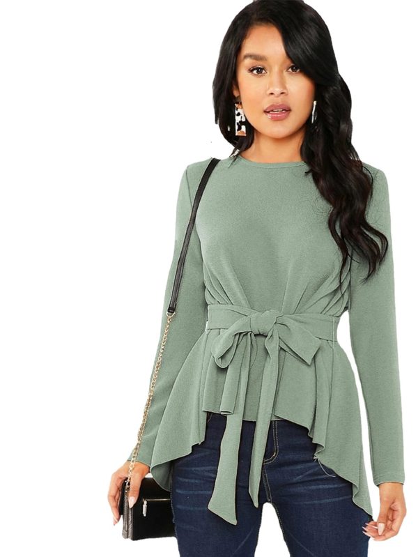 Women Pullover Solid Color round Neck Long Sleeve Office Lace-up Autumn Winter Shirt