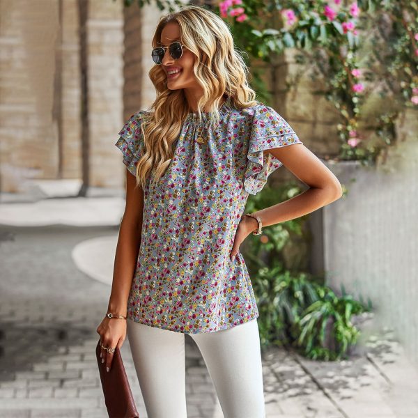 Spring Summer Women Clothing Loose Casual Top Floral round Neck Shirt Women