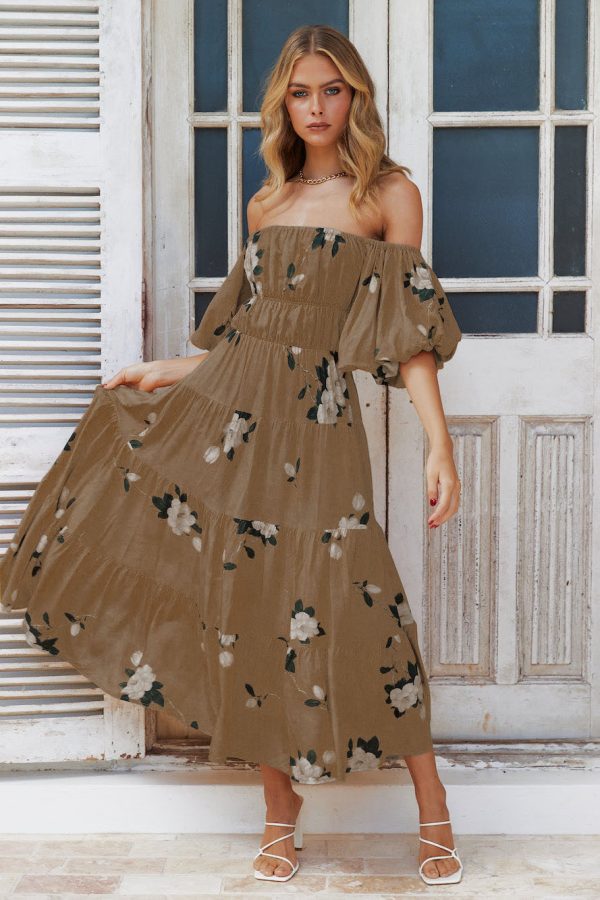 Women Clothing off the Shoulder Bubble Sleeve Printed Dress