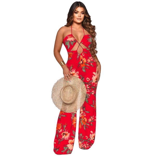 Women Clothing Spring Summer Beach Vacation Lace-up Sexy Hollow Out Cutout Jumpsuit
