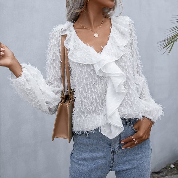 Ruffled Tassel Feather V neck Long Sleeve Shirt Office Transparent Shirt Top Women