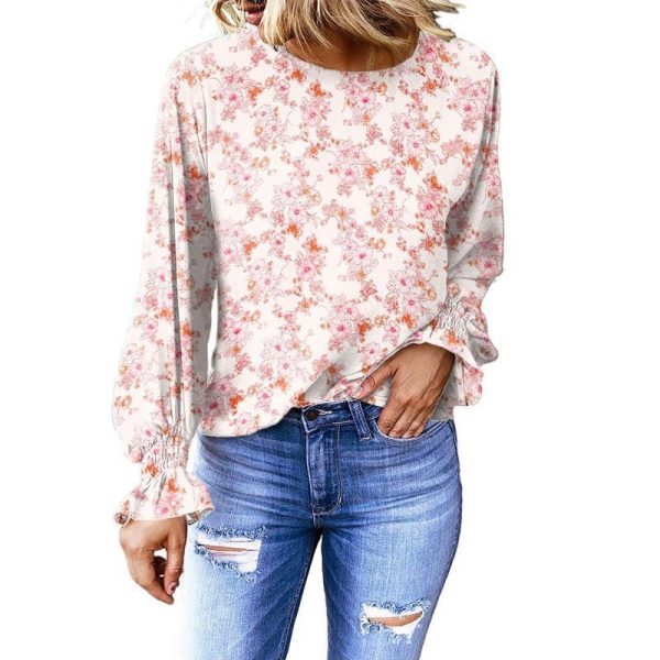 Autumn Women Clothing Floral round Neck Shirt Women Bishop Sleeves Top