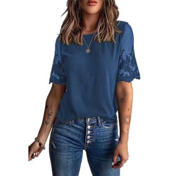 Summer Women round Neck Short Sleeve Top Lace Chiffon Shirt