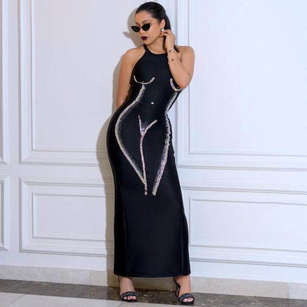 Women Clothing Summer Hollow Out Cutout round Neck Rhinestone Sleeveless Sexy Maxi Dress