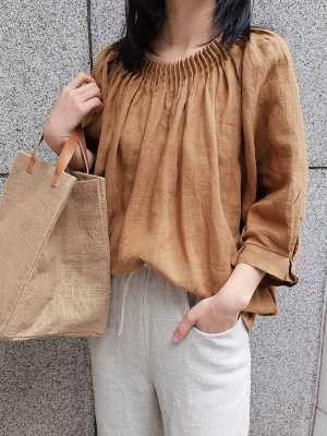 Linen Three Quarter Sleeve Shirt Top Early Autumn Japanese Loose Plus Size Organ Pleated Design Niche Cotton Linen T shirt