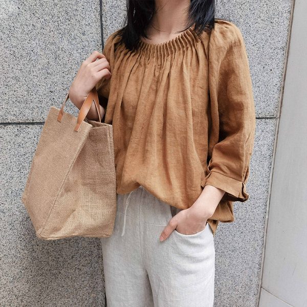 Linen Three Quarter Sleeve Shirt Top Early Autumn Japanese Loose Plus Size Organ Pleated Design Niche Cotton Linen T shirt