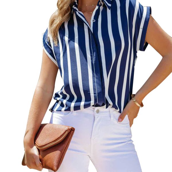 Summer Striped Collared Cardigan Single-Breasted Casual Loose Shirt Women