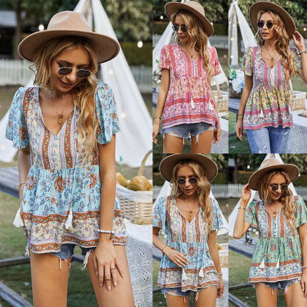 Bohemian Women Wear T-shirt Spring Summer Casual Vacation Babydoll Top