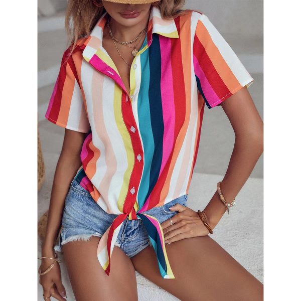 Eaby Sweet Blouse Colorful Striped Casual Polo Shirt