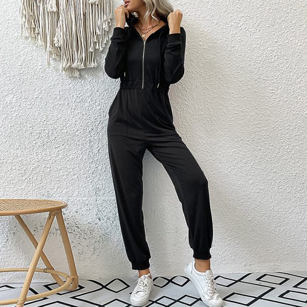 Women Clothing Autumn Winter Hooded Long Sleeved Zipper Hoodie Casual Sports Jumpsuit