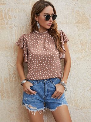 Summer Lace Collar Ruffle Sleeve Slim Fit Polka Dot Top