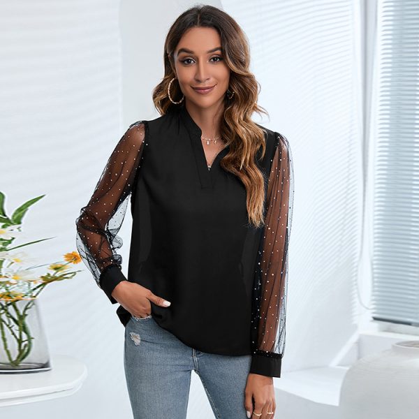 Women Clothing Long Sleeve Mesh Patchwork Top Spring Summer V-neck Chiffon Shirt