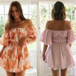 Women Clothing Summer off-Shoulder Lantern Sleeve Short Irregular Asymmetric Hem Dress Abstract Floral