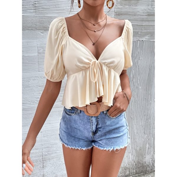 Women  Clothing Exclusive V neck Top Backless Short Sleeve Tied Shirt