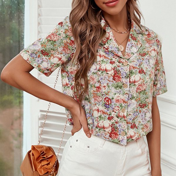 Summer Short Sleeved Top Women Floral Elegant Office Loose Japanese Retro Shirt