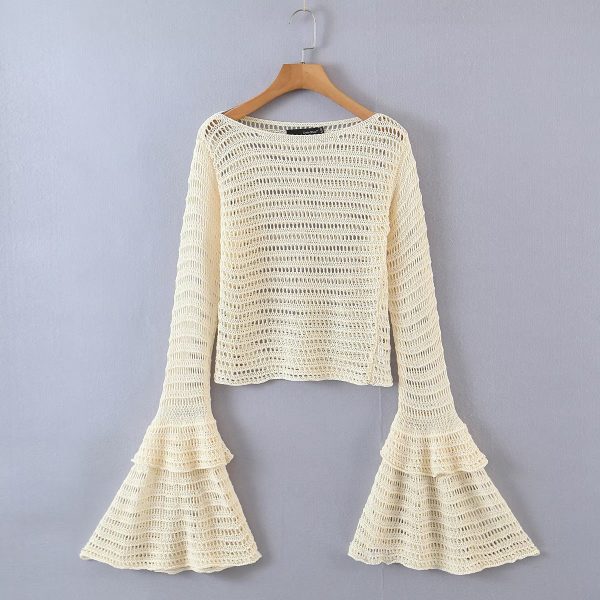 Autumn Oversized Flare Sleeve Sweater Hollow Out Cutout-out Pullover Top