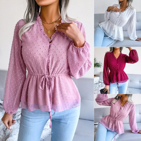 Spring Summer Lantern Long Sleeve Ruffled Tied Fitted Waist Polka Dots Chiffon Shirt  Women Clothing