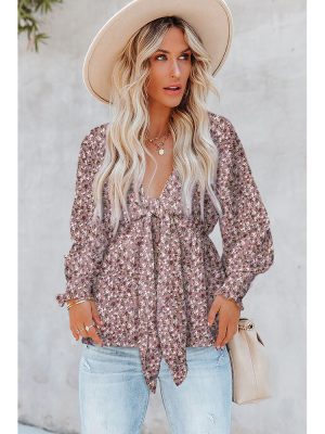 Waist Slimming Lace-up Chiffon Shirt Women Autumn Floral Long Sleeve Top