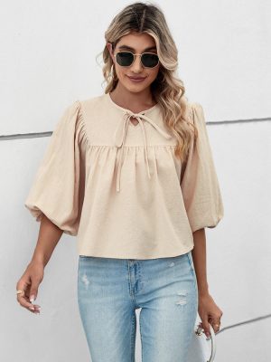 Women Clothing round Neck Bowknot Loose Five Quarter Sleeve Women Shirt Sweet Top