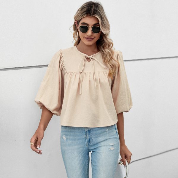 Women Clothing round Neck Bowknot Loose Five Quarter Sleeve Women Shirt Sweet Top