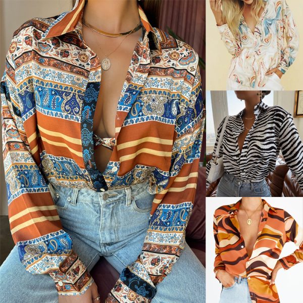 Women Clothing Shirt Wave Print Single-Breasted Long Sleeve Shirt Striped Printing Collared Cardigan