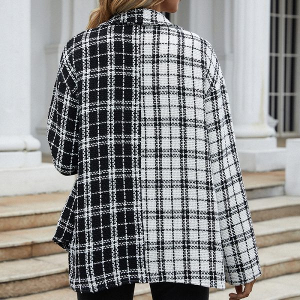 Autumn color block Long Sleeve Shirt Black White Stitching Plaid Single-Breasted Cardigan Women