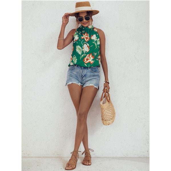 Casual Women Shirt Floral Print Sleeveless Stand Up Collar Tie Shirt