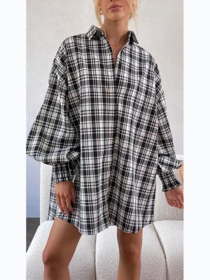 Street Autumn Winter Puff Sleeve Houndstooth Shirt