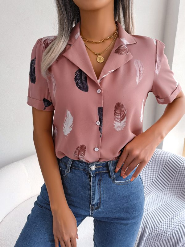 Summer Elegant Collar Feather Loose Short Sleeve Shirt Women Clothing