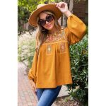 Orange Embroidered Puff Sleeve Top Women Loose Round Neck Pullover